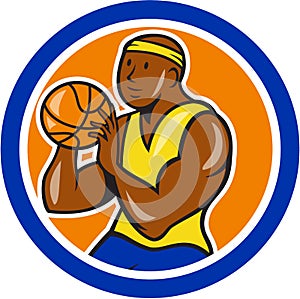 African-American Basketball Player Shooting Cartoon Circle