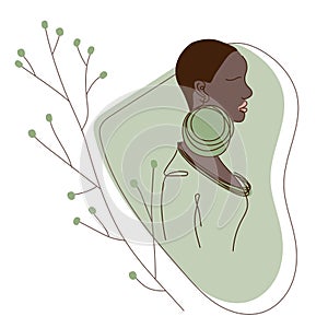 African, American beauty ethnic character of black skin woman body silhouette with simple shapes and plant vector