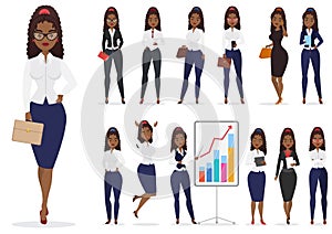 African american black businesswoman lady character different poses design set. Vector cartoon female design.