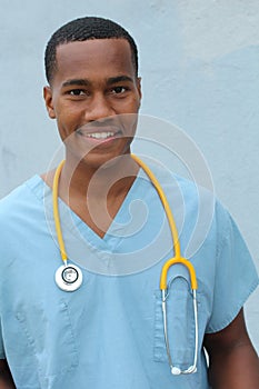 African-American black doctor man on blue background