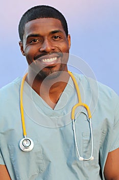 African-American black doctor man isolated on blue background