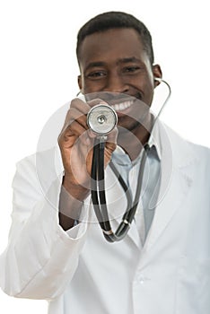 African-American black doctor man isolated white background.