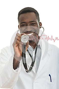 African-American black doctor man with stethoscope with hearth EKG