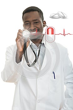 African-American black doctor man with stethoscope with hearth EKG