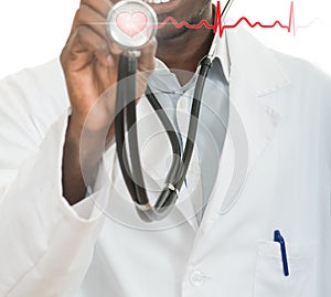 African-American black doctor man with stethoscope with hearth EKG