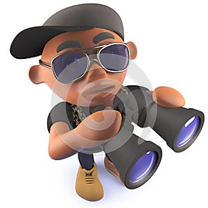 African American black hiphop rapper with binoculars, 3d illustration