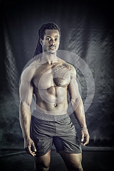 African American bodybuilder man, naked muscular torso