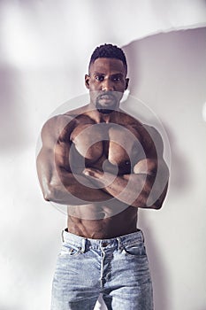 African American bodybuilder man, naked muscular torso