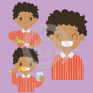 African American Boy Brushing Teeth Activity Vector Collection photo