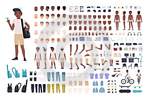 African American boy constructor or DIY kit. Collection of child or teen body parts, facial expressions, clothing