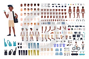 African American boy constructor or DIY kit. Collection of child or teen body parts, facial expressions, clothing photo