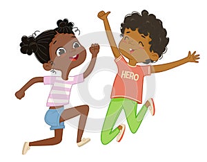 African American boy and girl play together, happily jump and dance. Concept of fun and vibrant moments of childhood