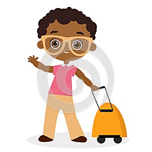 African American boy with glasses and packsack travel. Travelling with the knapsack. Vector illustration eps 10 isolated