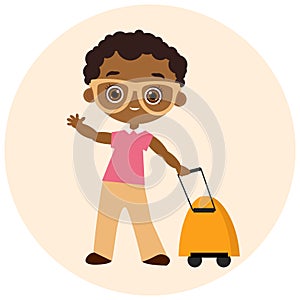 African American boy with glasses and packsack travel. Travelling with the knapsack. Vector illustration eps 10 isolated on white
