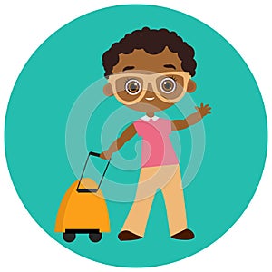 African American boy with glasses and packsack travel. Travelling with the knapsack. Vector illustration eps 10 isolated on white