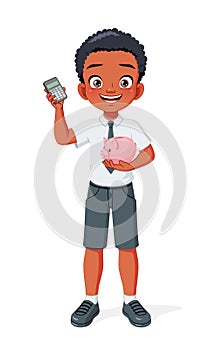 African American boy with piggy bank and calculator. Smart kid saving money for future. Isolated vector illustration.