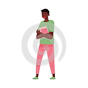 African American Boy Teenager in Casual Wear Holding Student Book and Walking Vector Illustration