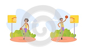 African American Boy Throwing Ball into Basket Ring Playing Basketball Vector Set
