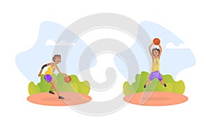 African American Boy Throwing Ball into Basket Ring Playing Basketball Vector Set