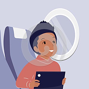 African American boy travels by plane. Vector flat illustration.