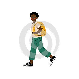 African American Boy Walking to School, Student Going to School with Backpack Vector Illustration