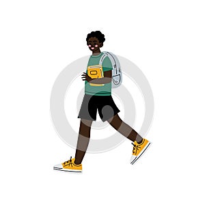 African American Boy Walking to School, Teenager Going to School with Backpack and Books Vector Illustration