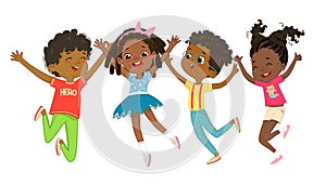 African American boys and girls play together, happily jump and dance against the background. Children are having fun