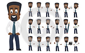 African american business man character with different facial emotions and poses. Cartoon business character icon set isolated on