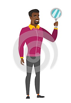 African-american business man holding hand mirror.