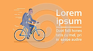 African American Business Man In Suit Ride Bicycle Over Template Blue Background With Copy Space