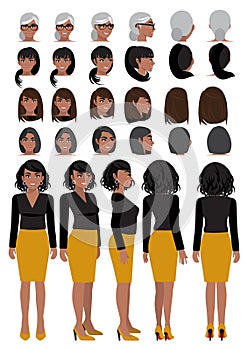 African American business woman cartoon character in casual wear and different hairstyle for animation vector