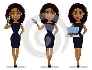 African American business woman cartoon character, set.