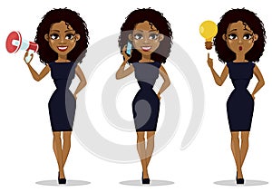 African American business woman cartoon character, set.