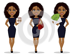 African American business woman cartoon character, set.