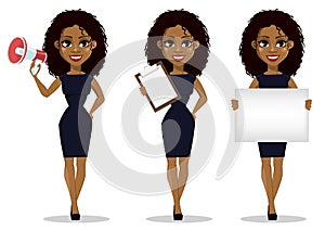 African American business woman cartoon character, set.