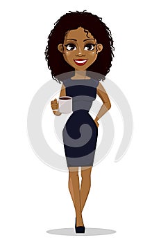 African American business woman cartoon character. Young beautiful businesswoman in smart casual clothes