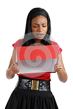 African american business woman emptying gift box