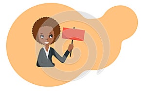 African american business woman holding blank sign board. flat vector illustration with copyspace.