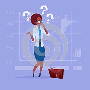 African American Business Woman With Question Mark Pondering Problem Concept