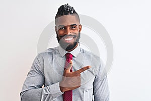 African american businessman with braids wearing tie standing over isolated white background cheerful with a smile of face