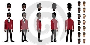 African American Businessman cartoon character head set and animation design. Front, side, back, 3-4 view vector