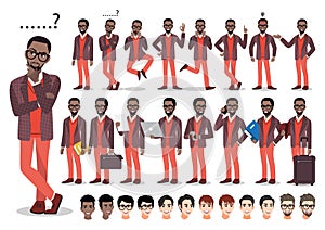 African american businessman cartoon character set. Vector illustration