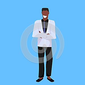 African american businessman folded hands standing pose happy man male cartoon character full length blue background