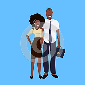 African american businessman headset operator woman couple standing together successful coworkers concept female male