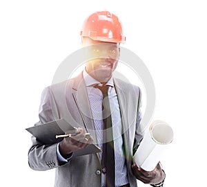 African American businessman in a helmet on a white background