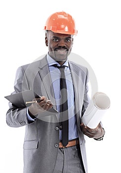 African American businessman in a helmet on a white background