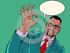 African American businessman man OK gesture, quality recommendation, hand gesture, advertisement announcement