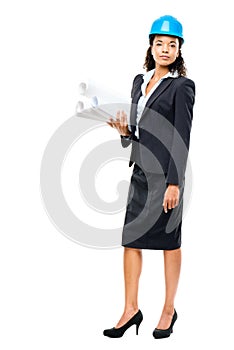 African American businesswoman architect holding blueprints isolated on white background