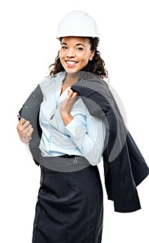 African American businesswoman architect holding blueprints isolated on white background