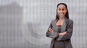 African American businesswoman architect, real estate sales person, in full wide banner